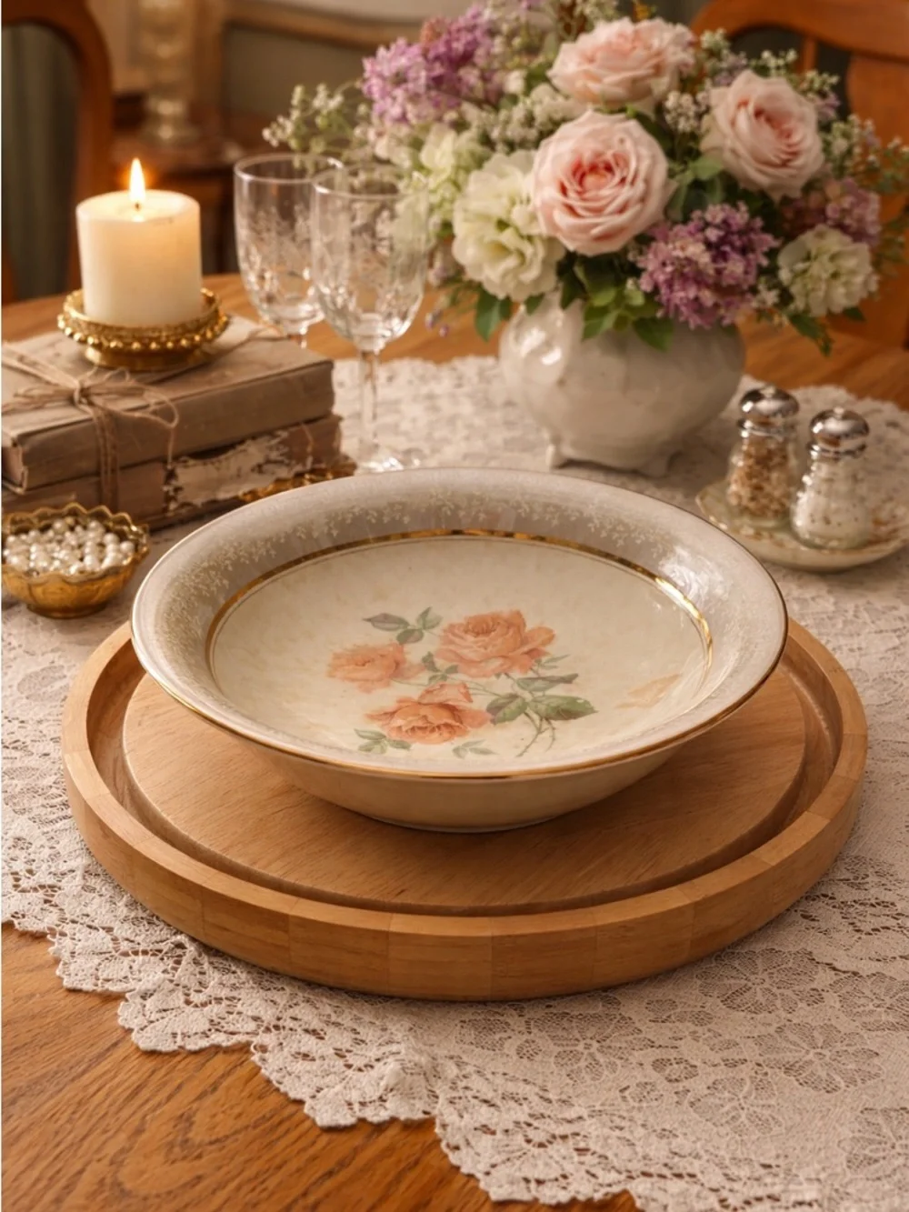 Vintage Dresden China Floral Serving Bowl Gold Rim Peach Roses Cottagecore Decor - Picture 1 of 7